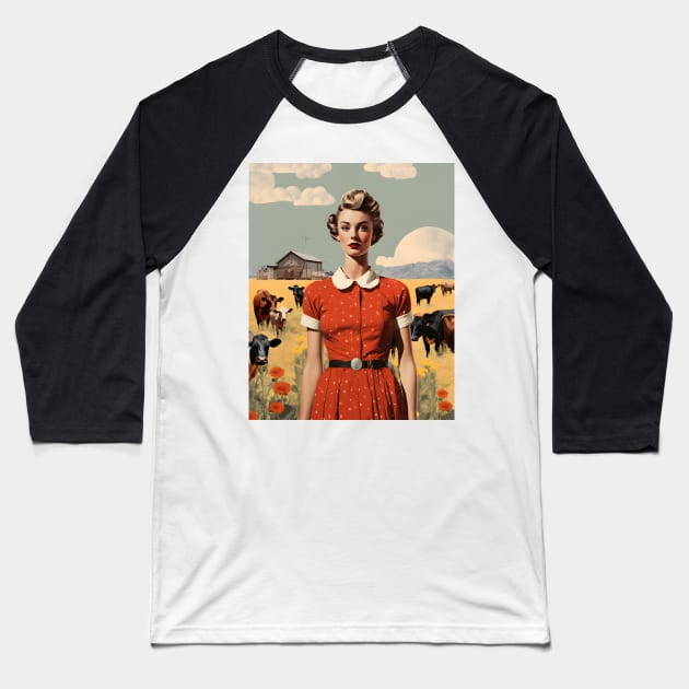 Vintage Farm Girl Pin Up Collage - Retro Chic Art Print Baseball T-Shirt by The Whimsical Homestead